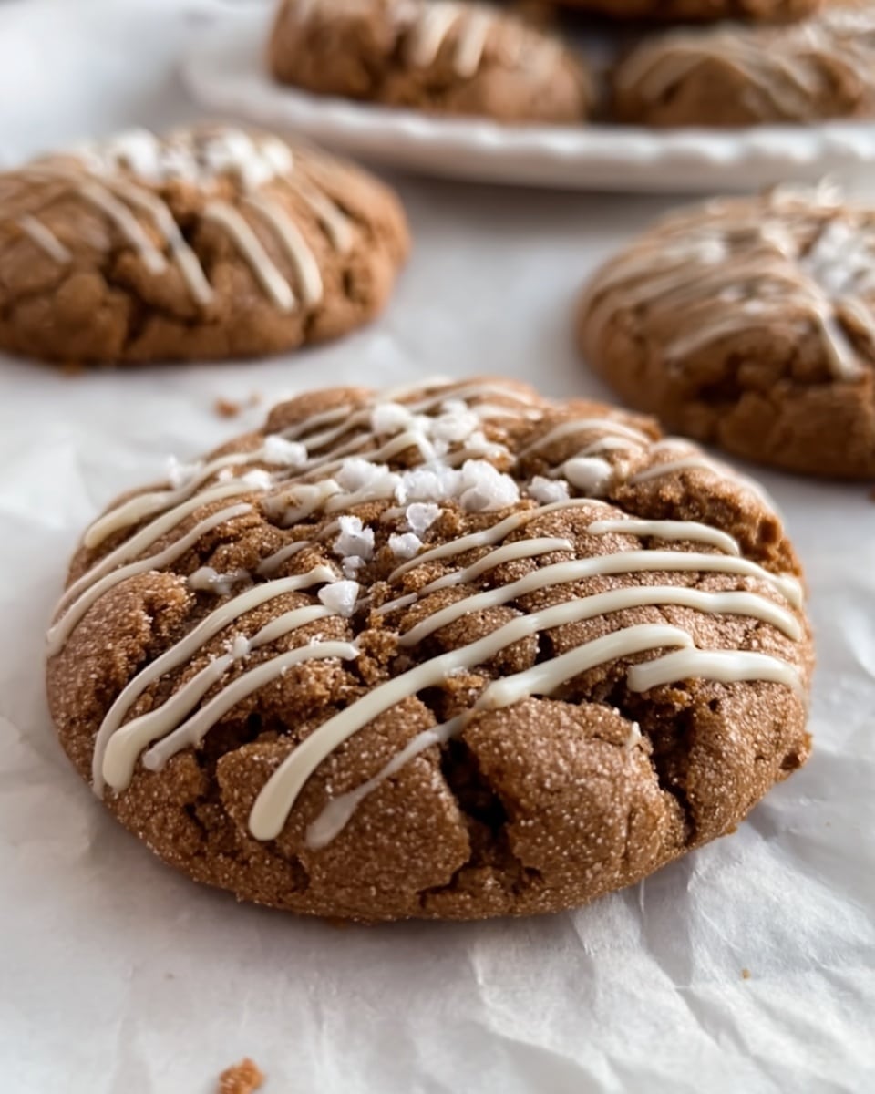 The image shows a close-up of round brown cookies on a piece of parchment paper over a white marbled surface. Each cookie has a crackled texture with a soft, crumbly look and is topped with a thin drizzle of white icing in uneven lines. The cookies appear thick and slightly raised, with some rough edges showing the crumbly nature. In the background, part of a white plate holds more cookies out of clear focus, adding depth to the image. Photo taken with an iphone --ar 4:5 --v 7