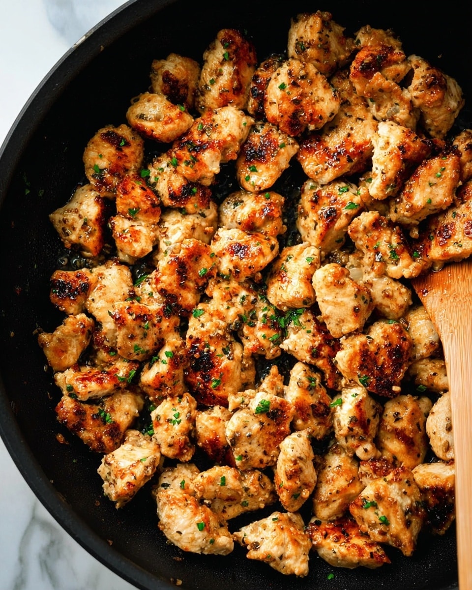 A close-up view of a black pan filled with many small pieces of cooked chicken. The chicken pieces are golden brown with a slightly crispy texture, showing some charred spots. They are scattered evenly across the pan and are sprinkled with small bits of green herbs on top. The pan's black color contrasts with the warm tones of the chicken. On the right edge, a wooden spoon is partly visible. The background shows a white marbled surface. photo taken with an iphone --ar 4:5 --v 7