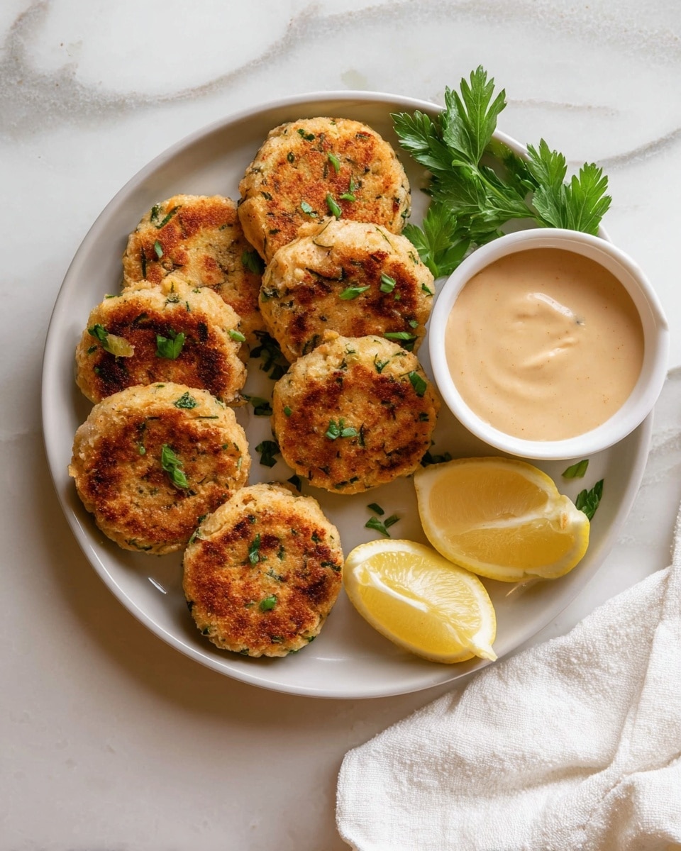 A round white plate holds a neat stack of seven golden brown patties speckled with green herbs, arranged in a loose circle on the left side of the plate. To the right, there is a small white bowl filled with a creamy beige sauce, and beside it are three wedges of bright yellow lemon. A sprig of fresh green parsley is placed between the lemon wedges and the patties, adding a touch of color. The plate rests on a white marbled textured surface, with a white cloth napkin partially visible at the bottom right. Photo taken with an iphone --ar 4:5 --v 7