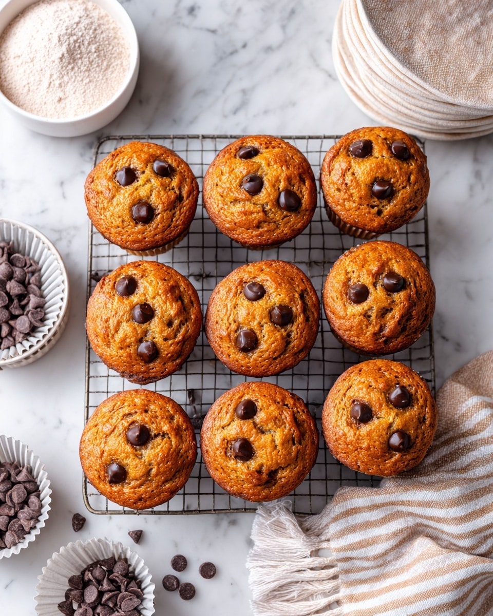 The image shows twelve golden brown muffins arranged neatly on a metal cooling rack over a white marbled surface. Each muffin has three dark glossy chocolate chips on top, slightly melted and embedded in the rough, textured muffin tops. To the left of the rack, there is a white bowl filled with a pale powdery substance, and a stack of empty white cupcake liners beside it. To the right, part of a white bowl with more powder and a soft beige striped cloth with fringes are visible. Scattered chocolate chips are spread around the rack on the white marbled surface. photo taken with an iphone --ar 4:5 --v 7