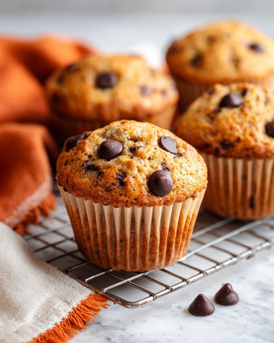 The image shows close-up of chocolate chip muffins, each with a light brown, slightly textured top with three large, glossy dark chocolate chips embedded on the surface. The muffins are in light brown paper liners, and they rest on a white marbled textured surface with a white and orange fringed cloth partially visible in the corner. One dark chocolate chip is also on the metal rack below the muffins. photo taken with an iphone --ar 4:5 --v 7