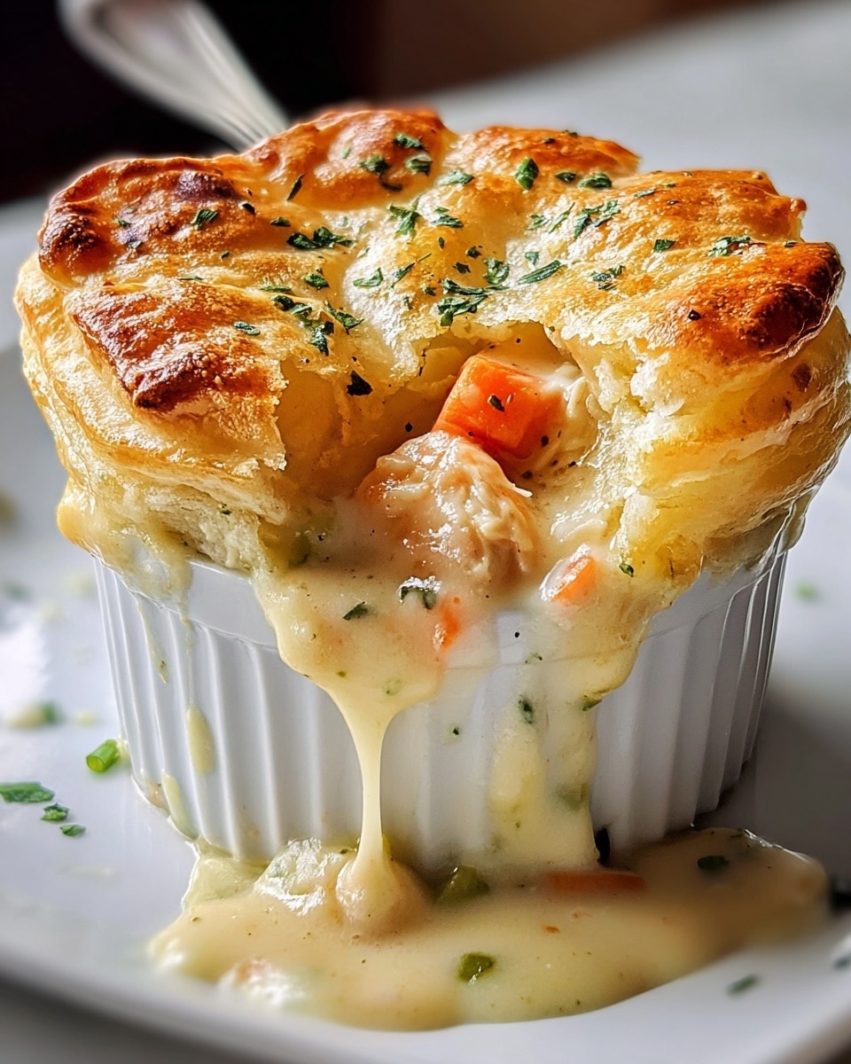 A small white ramekin filled with creamy seafood pot pie, showing soft orange shrimp pieces mixed in a thick white sauce inside. The top layer is a golden browned pastry crust with a flaky texture, slightly puffed and pierced with small bits of green herbs scattered over it. The crust is broken open, revealing melted cheese stretching between the filling and crust. Some sauce drips off the side onto a white plate with chopped herbs scattered around. A woman's hand holds a spoon above, about to scoop inside. The background is a clean white marbled surface with soft light enhancing the warm colors of the dish. photo taken with an iphone --ar 4:5 --v 7