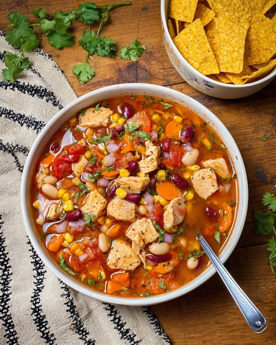 A white bowl filled with a colorful soup featuring several layers: large chunks of cooked chicken with a light brown color, bright red tomato pieces, yellow corn kernels, light brown beans, orange carrot cubes, small bits of white cauliflower, and finely chopped purple onion, all mixed in a clear reddish broth. On top, there are small green cilantro leaves scattered for garnish. A silver spoon rests inside the bowl on the right side. To the upper right, there is a white bowl filled with yellow tortilla chips, some chips are also placed loosely beside it. The bowls are set on a wooden surface with a few cilantro sprigs nearby and a woven cloth with black zigzag stitches on the left side. Photo taken with an iphone --ar 4:5 --v 7