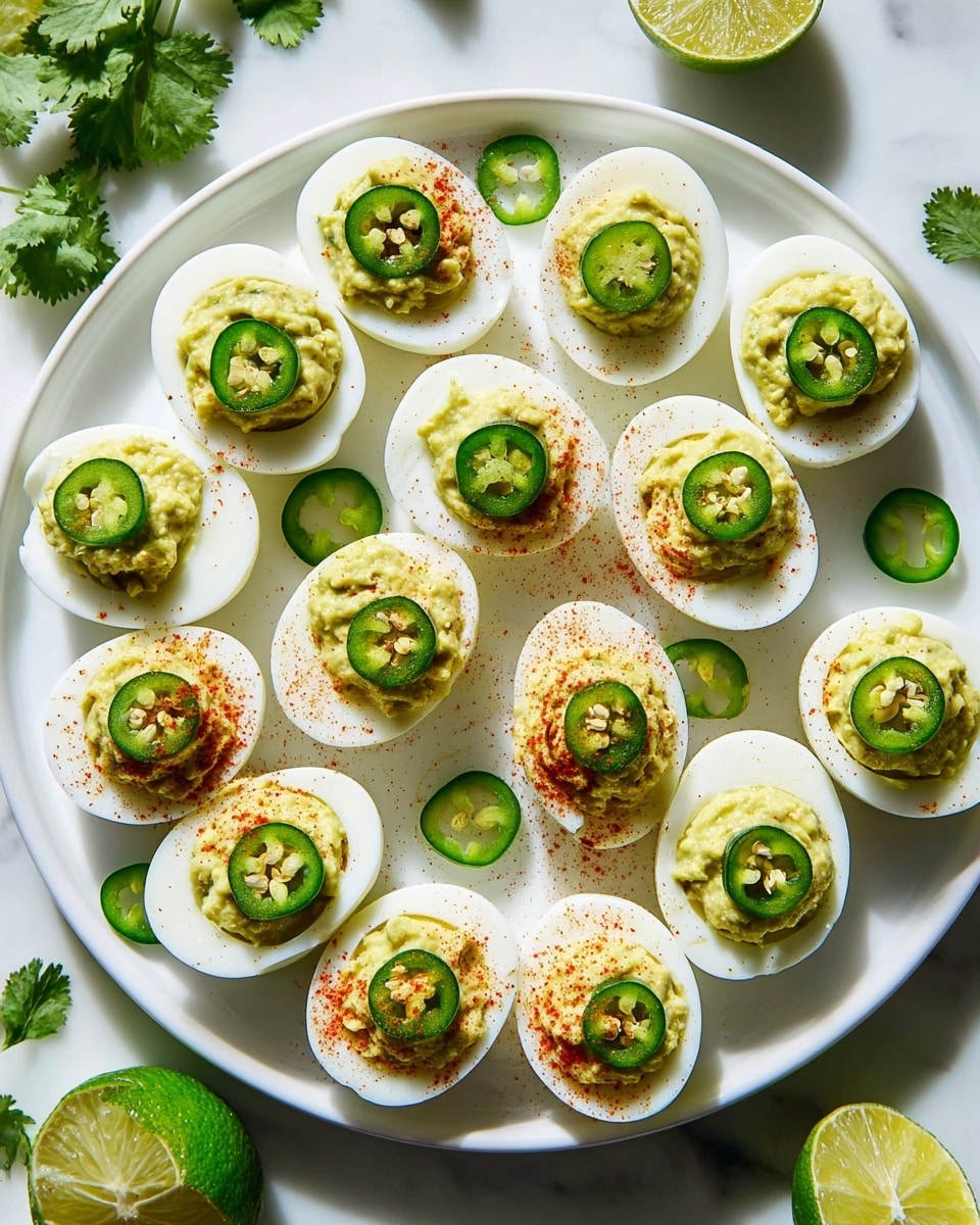 A white round plate on a white marbled surface holds fifteen halved hard-boiled eggs. Each egg has a smooth white outer layer and is filled with a textured greenish-yellow creamy mixture that looks like avocado or guacamole. Some of the filled eggs are topped with thin, round slices of green jalapeño peppers, while others are sprinkled with a bright red powder, likely paprika or chili powder. Scattered on the plate are a few extra jalapeño slices. Halved bright green limes and sprigs of fresh cilantro rest around the plate, adding color contrast. The lighting is bright and natural, emphasizing the fresh colors. Photo taken with an iphone --ar 4:5 --v 7
