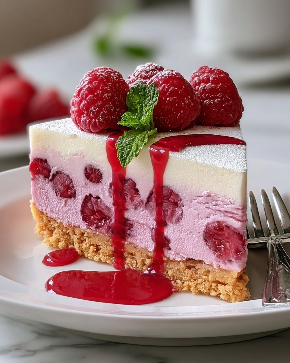 The image shows a slice of layered raspberry cheesecake on a white plate with a silver fork beside it. The bottom layer is a crumbly golden-brown crust. Above it is a thick pink layer filled with whole raspberries, giving a bumpy texture. The next layer is smooth and white, topped with light powdered sugar dust. On top, there are fresh red raspberries and a green mint leaf, with red raspberry sauce drizzled over the sides and pooling onto the white plate. The background is a soft blur with a white marbled surface. photo taken with an iphone --ar 4:5 --v 7