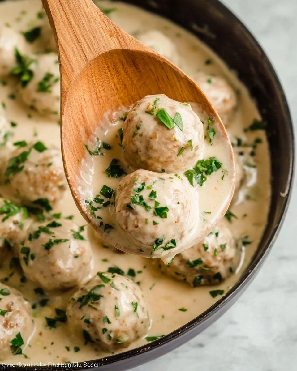 This image shows a wooden spoon lifting three round meatballs that are covered in a creamy, light beige sauce with a smooth texture. The meatballs are garnished with small pieces of fresh, bright green chopped herbs scattered on top. The background is filled with more meatballs submerged in the same creamy sauce, all resting on a white marbled texture surface. The overall look is warm and inviting, with a clear focus on the creamy sauce and fresh herbs. photo taken with an iphone --ar 4:5 --v 7
