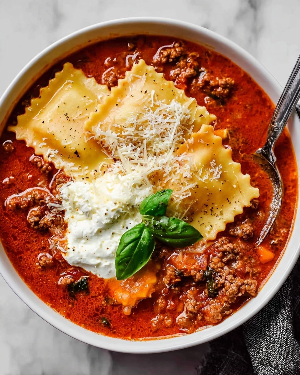 A white bowl filled with a rich red tomato soup base, layered with large wavy-edged lasagna noodles partially submerged and spread across the top, chunks of browned ground meat scattered evenly, and topped with a dollop of soft white ricotta cheese in the center. Bright green basil leaves are sprinkled over the soup for garnish. A silver spoon rests inside the bowl on the right side. In the background, there is a white wooden board holding sliced crusty bread and a blue striped cloth, all placed on a white marbled surface. Photo taken with an iphone --ar 4:5 --v 7