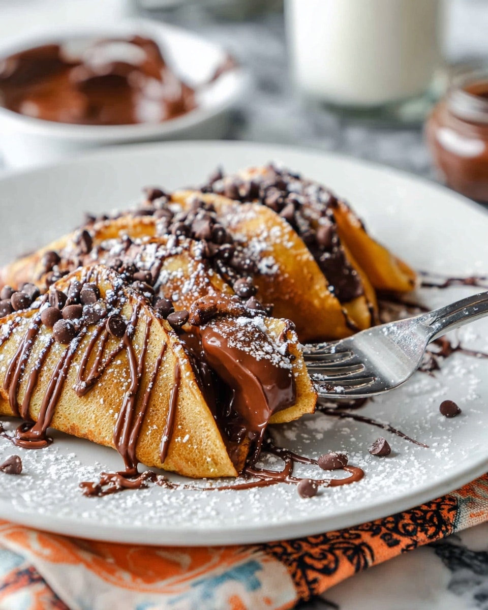 The dish shows three folded golden brown crepes arranged on a white plate, each crepe stuffed with a thick, glossy dark chocolate filling that is slightly oozing out. The crepes are drizzled with additional chocolate sauce in thin lines across their surface, and small chocolate chips are scattered on top. A light dusting of white powdered sugar adds contrast to the warm colors. A shiny metal fork presses down into one of the crepes, causing the chocolate filling to be seen clearly. The plate sits on a white marbled surface with a patterned cloth underneath. In the background, blurred bowls of chocolate spread and a glass of milk are visible. Photo taken with an iphone --ar 4:5 --v 7
