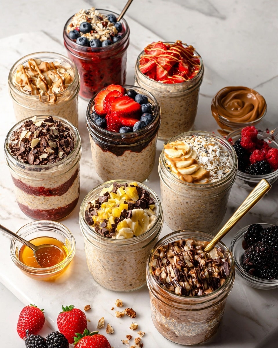The image shows six glass jars filled with different layered overnight oats, arranged in two rows on a white marbled surface. The front center jar has three layers: a creamy beige chia oat base with visible seeds, a dark red fruit jam middle layer, and topped with mixed fresh berries including raspberries, blueberries, and strawberries with almond slices. To its left is a jar with a beige oat base topped with banana slices, chocolate drizzle, and peanut butter chunks. Behind this jar is another with a beige oat base topped with raspberries and chocolate drizzle. Behind the center jar is another oats jar topped with blackberries, peach chunks, and granola. To the right of the center jar is a chocolate oat base topped with banana slices, peanut butter, and chocolate chips. The last jar in the back right shows an oat base topped with chopped strawberries and granola. Each jar has a long golden spoon inside, and golden spoons lay on the surface alongside scattered blueberries and a strawberry. Photo taken with an iphone --ar 4:5 --v 7
