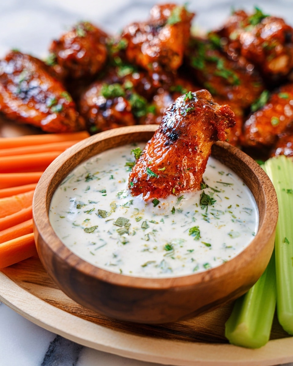 A close-up image of a wooden bowl filled with creamy white ranch dressing sprinkled with green herbs, with a shiny, reddish-brown grilled chicken wing dipped into the sauce. Surrounding the bowl is a white plate holding several similar spicy chicken wings with a glossy, charred surface and scattered green herbs on top. On the plate’s side are fresh light green celery sticks and orange carrot sticks. The entire scene is set on a white marbled surface, creating a clean and bright background that highlights the rich colors and textures of the food. Photo taken with an iphone --ar 4:5 --v 7