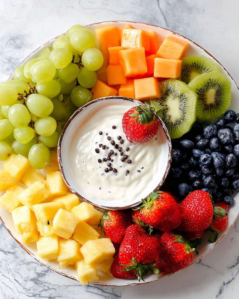 A white plate with a variety of fresh fruits arranged in sections around a small bowl of creamy white dip in the center. The fruits include green grapes clustered on the top left, bright orange cantaloupe cubes on the top right, sliced green kiwi next to the cantaloupe, dark blue blueberries beneath the kiwi, yellow pineapple cubes on the bottom right, and large red strawberries placed along the bottom left and left side. The dip in the bowl is smooth and white with small chocolate chips sprinkled on top and a strawberry dipped in the cream resting on the edge of the bowl. The plate is set on a white marbled surface. Photo taken with an iphone --ar 4:5 --v 7