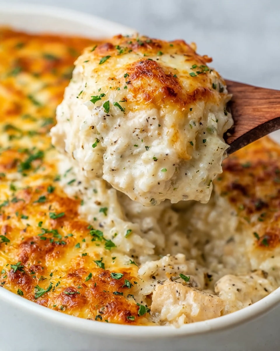 A close-up of a white oval dish filled with a creamy casserole showing three main layers: a crispy golden-brown cheese topping with browned spots and green herb bits scattered on top, a thick creamy white cheese layer beneath that is slightly bubbly, and a soft textured white filling with small cauliflower pieces inside. A silver spoon is scooping into the casserole, revealing the creamy interior under the crust. The dish is set on a white marbled surface. photo taken with an iphone --ar 4:5 --v 7