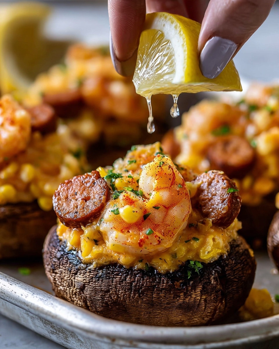 The image shows a close-up of a stuffed mushroom with three visible layers: the bottom layer is a large, dark brown mushroom cap with a rough texture, the middle layer consists of round, browned sausage slices and small, zesty orange shrimp with a slight sheen, and the top layer is a creamy, cheesy corn mixture with bits of melted cheese and golden corn kernels. Above the mushroom, a woman's hand is squeezing a fresh yellow lemon wedge, and droplets of lemon juice are falling onto the stuffed mushroom. The background is slightly blurred with similar mushrooms, and the whole setup is placed on a light metal tray over a white marbled surface. photo taken with an iphone --ar 4:5 --v 7