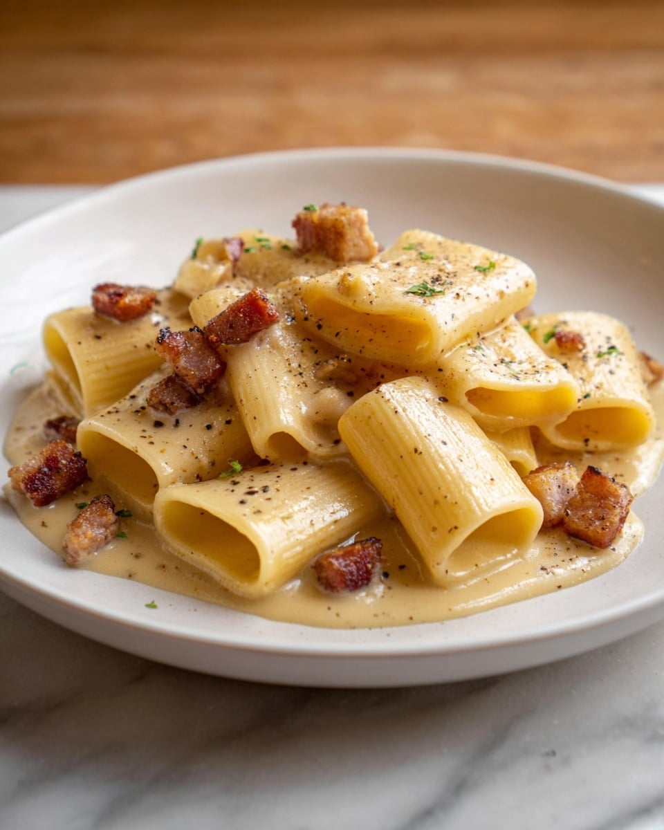 The dish shows a white plate filled with one layer of large tubular pasta pieces coated evenly with a smooth, creamy light yellow sauce with small black pepper specks spread on top. Scattered around and on the pasta are small cubes of browned, crispy meat, adding contrast with their rich golden-brown color. The pasta has a slightly shiny, soft texture, and the plate is set on a white marbled surface, giving a clean and simple look. Photo taken with an iphone --ar 4:5 --v 7