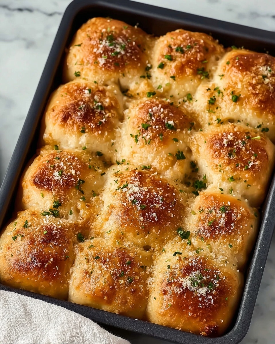 This image shows a close-up of a black rectangular tray filled with golden brown, fluffy bread rolls with a slightly crispy top. The rolls are arranged in a grid pattern with about five rows and four columns. Each roll is topped with a light sprinkle of grated cheese and finely chopped green herbs, creating a textured, appetizing surface. The bread’s crust has a mix of warm yellow and brown tones, and the soft dough underneath is visible in the small gaps between the rolls. The tray rests on a white marbled surface, with a white cloth partially visible on one side. photo taken with an iphone --ar 4:5 --v 7