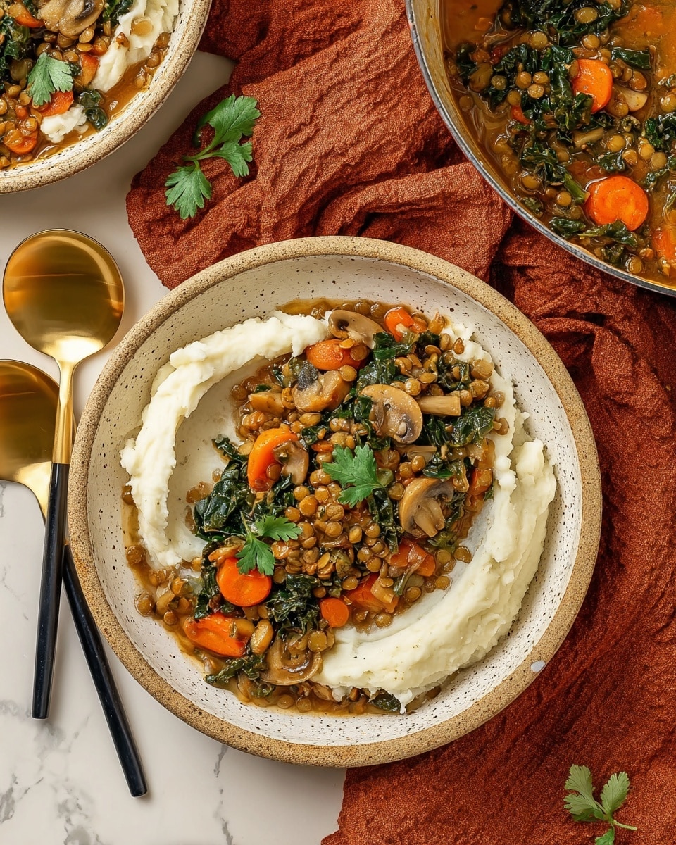 A white pot filled with a thick stew containing three main layers: the base layer is a rich, golden-brown lentil sauce; scattered throughout are bright orange carrot slices creating a second layer; and the top layer consists of dark green leafy vegetables and small pieces of sautéed mushrooms that add texture and contrast. The stew covers the pot’s inside with some sauce marks on the sides. The pot sits on a white marbled surface with a folded orange cloth next to it and a bunch of green herbs partly visible at the lower right corner. The white lid of the pot is placed at the top right. photo taken with an iphone --ar 4:5 --v 7