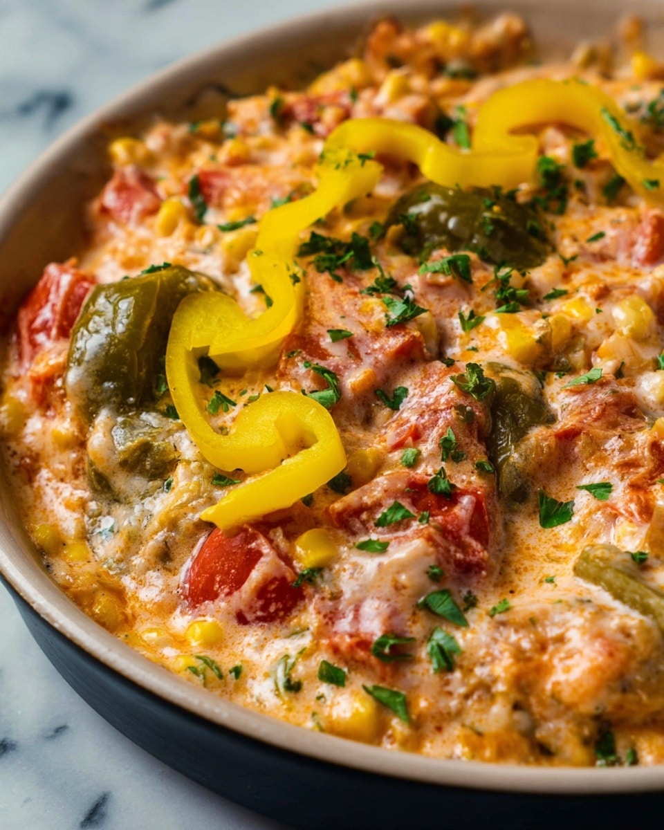 This close-up image shows a rich, creamy dish in a white bowl filled with melted cheese that is light orange and white in color. The cheese covers layers of small chunks of cooked tomatoes that are red and soft, yellow corn kernels, and green pepper slices, garnished with small bits of fresh green herbs. On top, there are a few bright yellow pepper rings adding a pop of color. The texture looks soft and gooey with a mix of smooth melted cheese and tender vegetables. The bowl rests on a white marbled textured surface. photo taken with an iphone --ar 4:5 --v 7