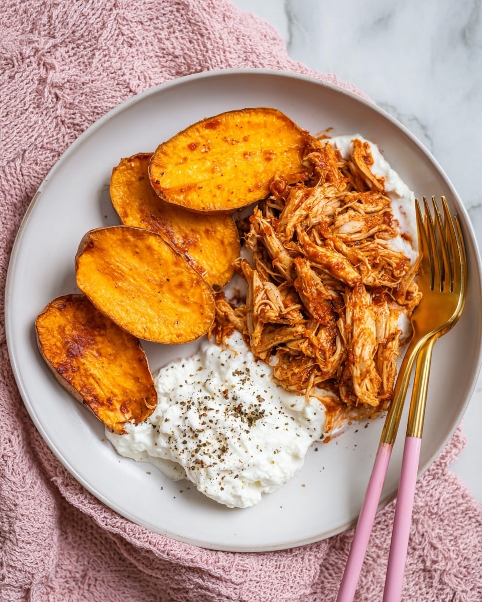 A white plate holds a visually layered dish with shredded, saucy pulled chicken in a rich brownish-red barbecue sauce piled on one side. Next to it is a large dollop of thick white cottage cheese speckled evenly with coarse black pepper, creating texture and contrast. On the plate's bottom left, a slice of roasted orange sweet potato is topped with a smooth white layer of cottage cheese and a generous portion of the same saucy pulled chicken, showing clear layers. The white marbled surface beneath adds a clean, simple touch. photo taken with an iphone --ar 4:5 --v 7