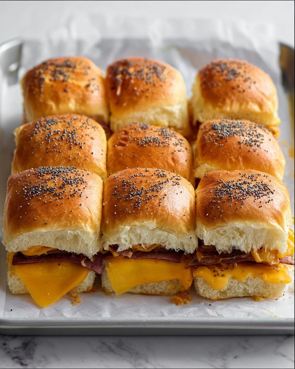 The image shows a tray of nine sandwich sliders arranged in three rows by three columns, each topped with soft, golden-brown buns sprinkled with small black seeds. Inside the sliders, layers of melted bright orange cheese peek out from beneath the buns, with a thick layer of grilled, browned meat slices placed above the cheese. The buns are fluffy and slightly shiny, with slight cracks showing softness. The slider tray rests on white baking paper, on a white marbled surface, creating a clean background. photo taken with an iphone --ar 4:5 --v 7