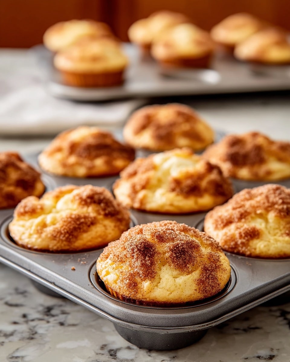 A close-up of seven golden brown muffins in a dark gray metal muffin pan, each muffin topped with a light dusting of cinnamon sugar that gives a crunchy and slightly uneven texture. The muffins have a slightly browned crust on top with soft, puffy, and moist interiors visible on some where the tops are cracked. The muffin pan sits on a white marbled surface, with blurred dark and shiny kitchen objects in the background. The light highlights the warm tones and textures of the muffins. photo taken with an iphone --ar 4:5 --v 7