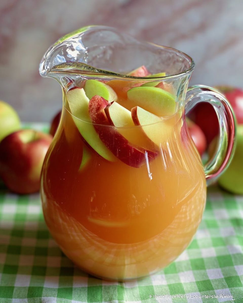 A clear glass pitcher filled with a light orange drink that looks smooth and thick. On top, there are several slices of red and green apples floating, each showing shiny textures with the red apples having a rich dark red color and the green apples a pale green shade. The pitcher sits on a green and white checkered cloth, placed on a white marbled surface. In the background, some whole red apples and blurred details can be seen, adding depth to the scene. photo taken with an iphone --ar 4:5 --v 7