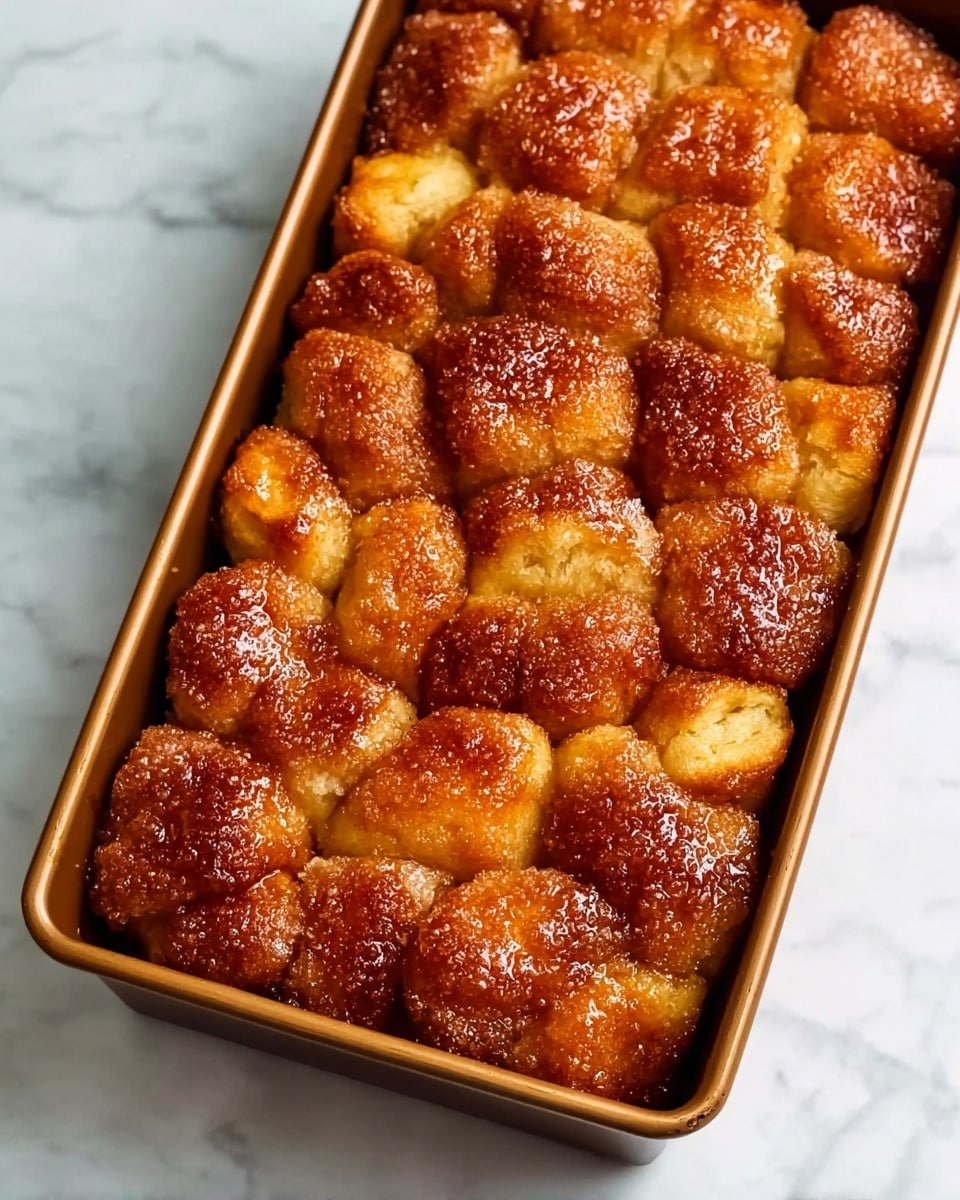 A rectangular baking pan filled with golden brown, sugar-coated monkey bread made up of multiple small, soft, irregularly shaped dough pieces baked closely together; the top of the bread is shiny and caramelized with a slightly crispy texture, while the inner parts show a fluffy, light yellow dough. The pan rests on a white marbled surface. photo taken with an iphone --ar 4:5 --v 7