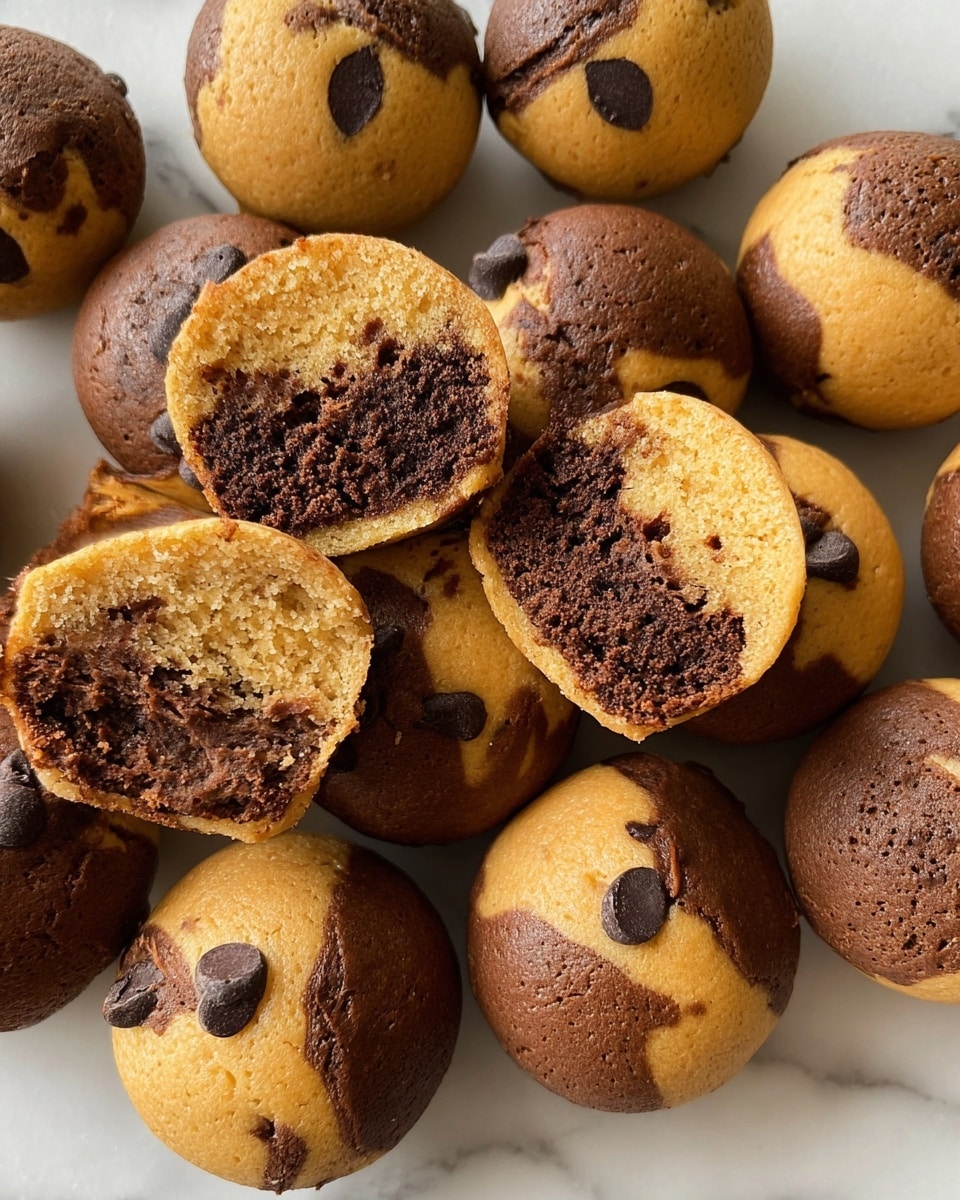A close-up of a small round cookie held by a woman's hand shows its two-layered interior: the left side is a rich, crumbly dark brown chocolate layer, and the right side is a soft, crumbly light tan cookie dough layer with visible dark chocolate chips embedded. The cookie surface is smooth and slightly cracked where bitten. The background features several similar cookies scattered on a white marbled surface, softly blurred. Photo taken with an iphone --ar 4:5 --v 7