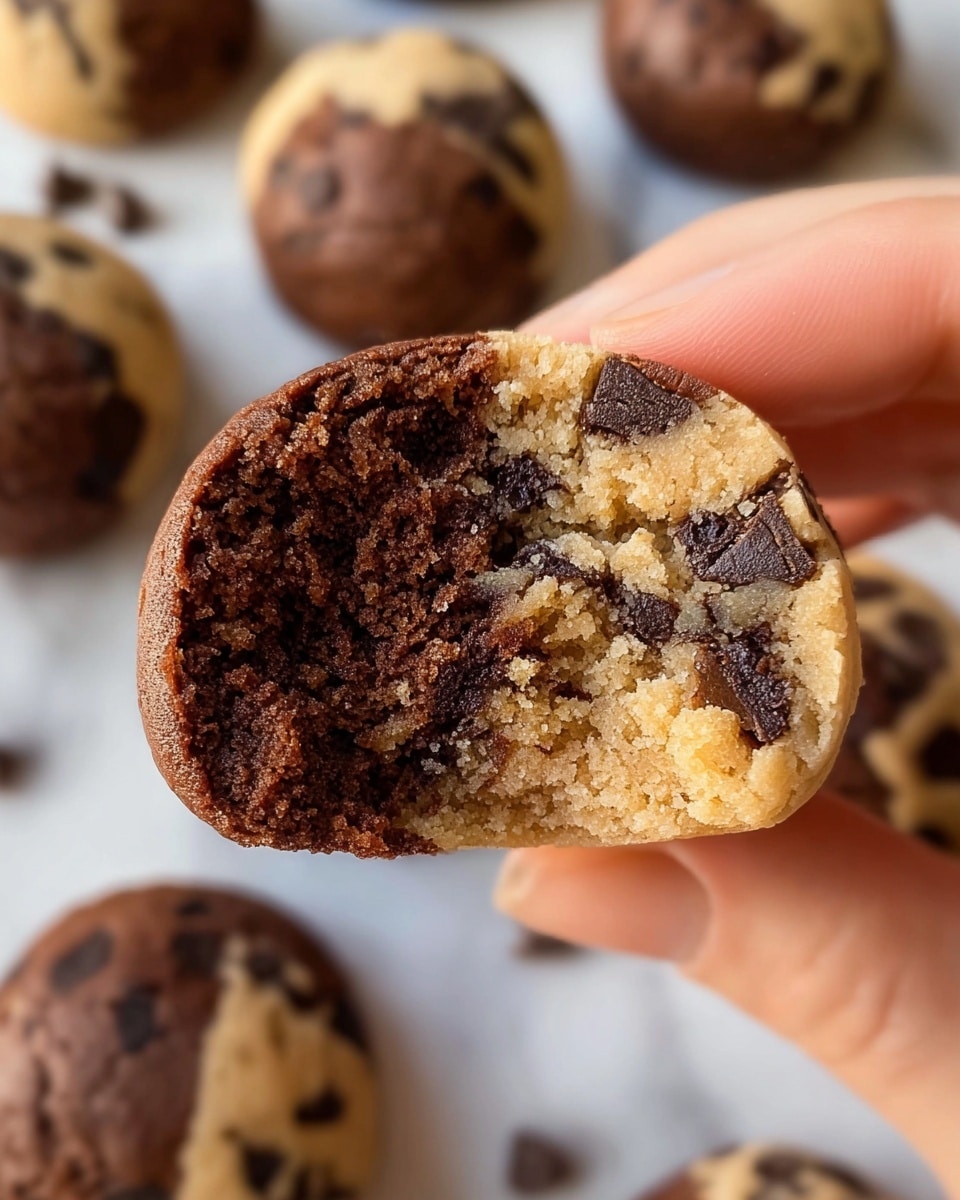 A close-up view of several small round baked goods, each with two visible layers: a top layer of rich dark brown chocolate mixed unevenly with a lighter golden brown dough forming a marbled effect on the surface, and a bottom layer of smooth golden brown dough. Some of the items are whole, showing a soft round shape with a slightly cracked chocolate top, while a few are cut in half to reveal the two layers inside—the dark chocolate layer dense and chocolatey with some chocolate chips embedded, and the golden dough layer soft with a slightly crumbly texture. The treats are arranged closely together on a white marbled surface, showing a mix of smooth and slightly crinkled textures. Photo taken with an iphone --ar 4:5 --v 7