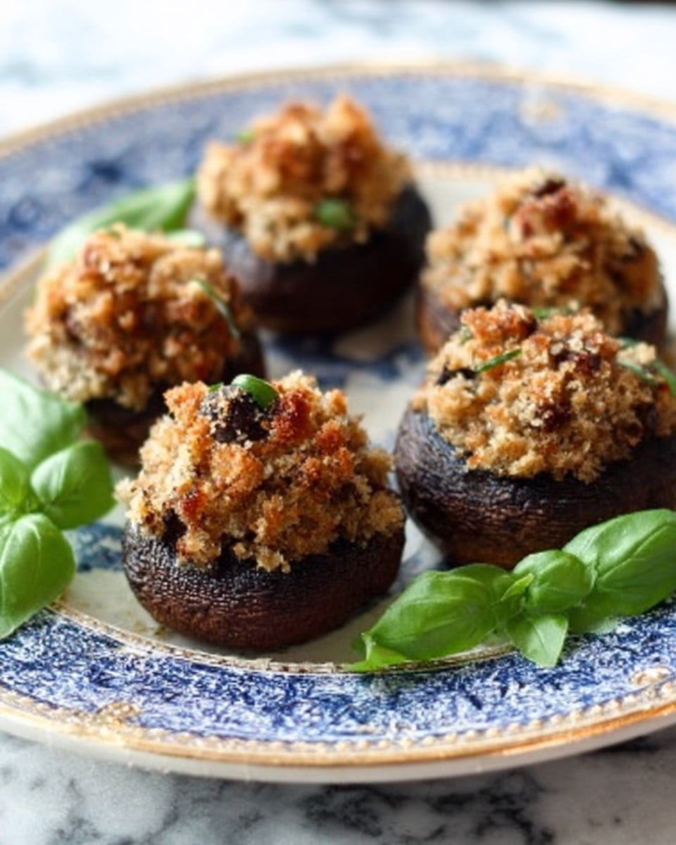 A long white rectangular plate holds eight stuffed mushrooms arranged in two rows. Each mushroom has a dark brown cap filled with a light beige, slightly crumbly filling that looks creamy and soft. On top of each filling, there is a crispy reddish-brown bacon strip, adding a crunchy texture. The plate is placed on a white marbled surface with a loosely folded blue and white striped cloth behind it. Photo taken with an iphone --ar 4:5 --v 7