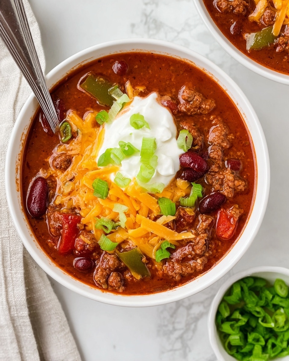 A white bowl filled with thick chili showing rich red-brown sauce, chunky pieces of browned ground meat, dark red kidney beans, green bell pepper chunks, and diced tomatoes. In the center, there is a large dollop of white sour cream topped with shredded bright orange cheddar cheese and thin slices of green onion, adding pops of color. The bowl sits on a white marbled surface with scattered green onion slices and shredded cheese around it. Photo taken with an iphone --ar 4:5 --v 7