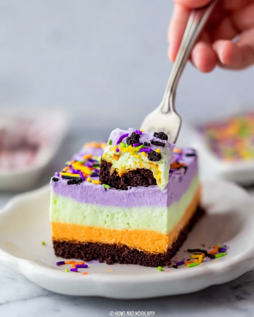 The image shows a square piece of dessert with four clear layers on a white plate; the bottom layer is dark brown and crumbly like chocolate cookie crust, the next layer is smooth and bright purple, the third layer is a thick, smooth orange, and the top layer is pale green with colorful sprinkles in purple, orange, yellow, and black scattered on it. A woman's hand holding a silver fork is taking a bite, and the fork has all four layers on it. The background is a white marbled texture with soft light. photo taken with an iphone --ar 4:5 --v 7
