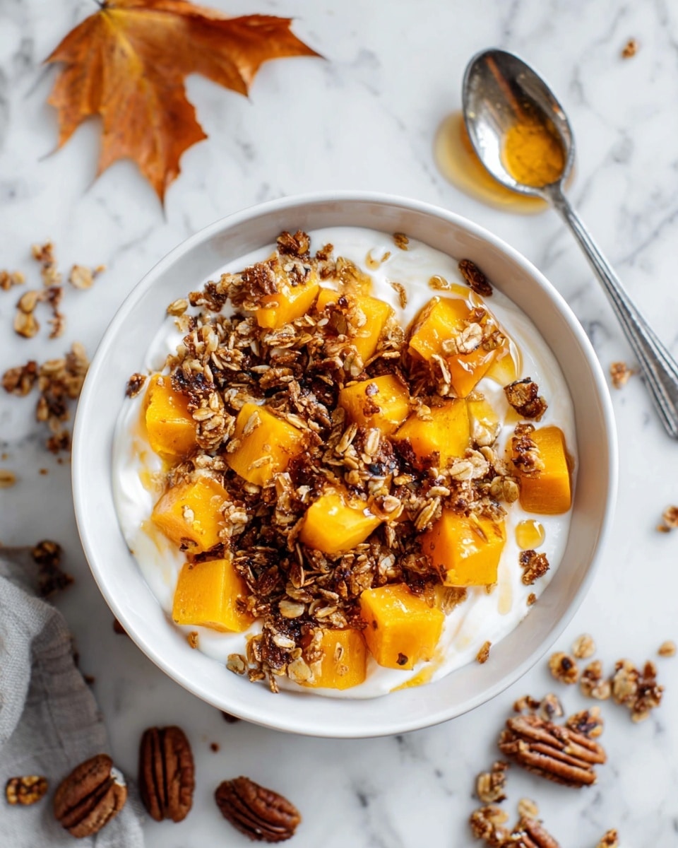A white bowl filled with three main layers: the bottom layer is a light brown, crumbly base that looks like cooked grains or granola; on top of this is a layer of medium to dark orange roasted sweet potato cubes with a slightly crispy texture; the top layer features white yogurt or cream drizzled generously over the sweet potatoes and sprinkled with small white almond flakes. The bowl is placed on a pale yellow cloth with another blurred white bowl and a small white dish in the background, all on a white marbled surface. Photo taken with an iphone --ar 4:5 --v 7