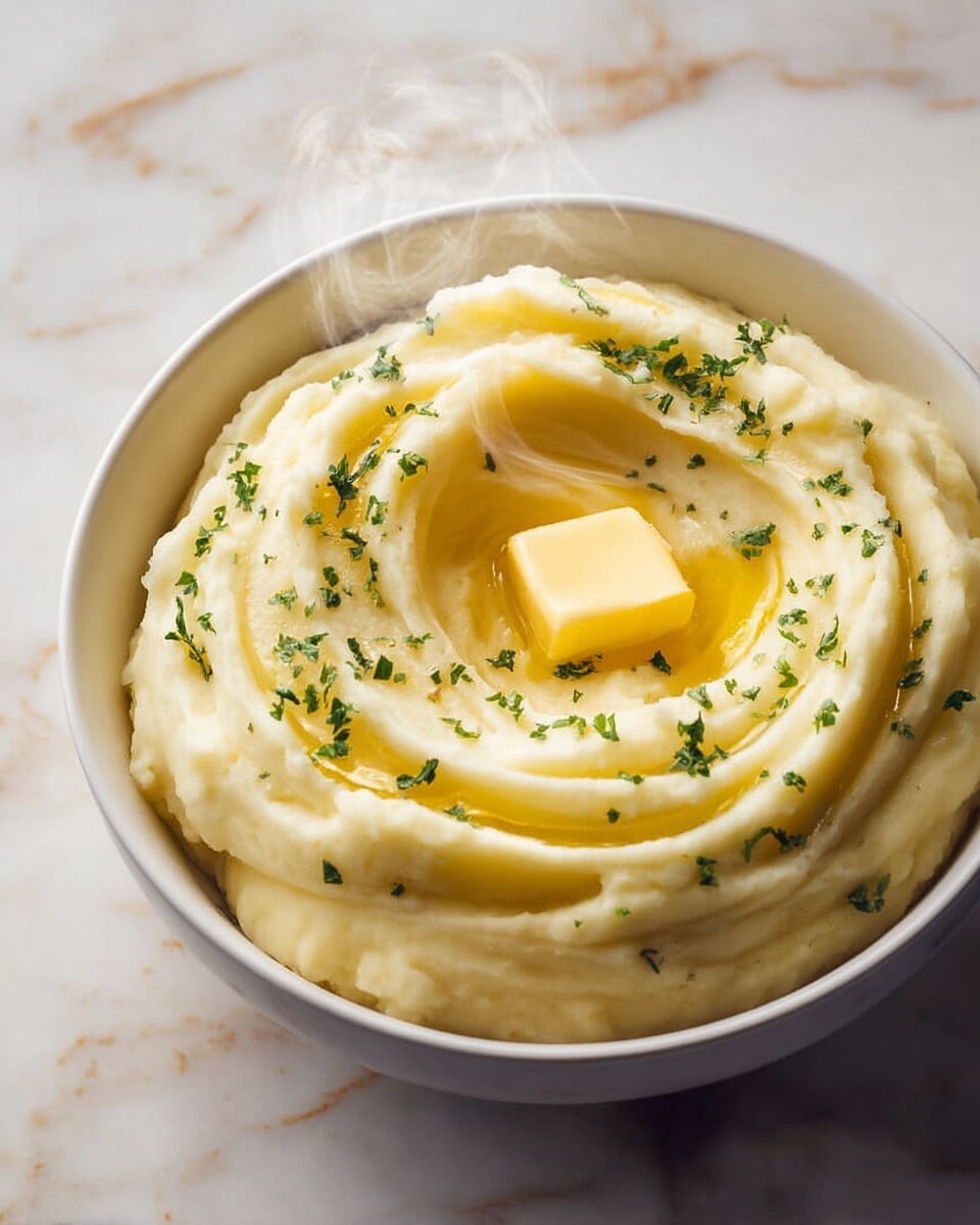 A white bowl filled with creamy mashed potatoes shaped into three smooth, spiral layers. The mashed potatoes are a pale yellow color, soft and fluffy in texture. On top, there is a small square pat of butter melting and slightly softening, surrounded by some sprinkled dried herbs. Steam gently rises from the bowl, showing the dish is warm and fresh. The bowl is placed on a white marbled surface. photo taken with an iphone --ar 4:5 --v 7