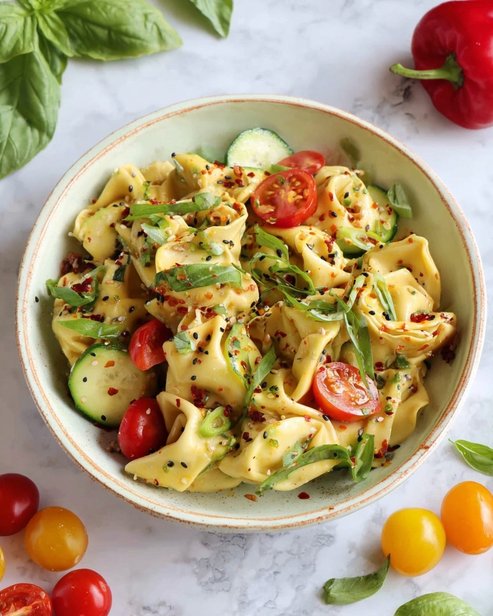 A white bowl holds a colorful pasta salad with three main layers: folded tortellini pasta in a pale yellow color with a soft texture form the base, mixed with bright green cucumber slices and small pieces of red and yellow cherry tomatoes scattered throughout; on top, fresh green basil leaves and thin green scallions add a fresh leafy texture; the entire dish is sprinkled with small black sesame seeds and light chili flakes, giving it a speckled look. The bowl sits on a white marbled surface, surrounded by some loose basil leaves and whole cherry tomatoes in red and yellow, with a red chili pepper nearby. Photo taken with an iphone --ar 4:5 --v 7