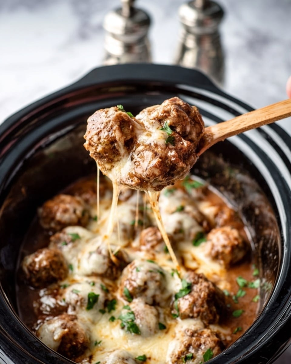 A spoon lifts a portion of brown meatballs covered in melted cheese and small green herb pieces from a black slow cooker filled with more meatballs in a rich brown sauce with melted cheese on top, all set on a white marbled surface with two silver salt and pepper shakers in the background. Photo taken with an iphone --ar 4:5 --v 7