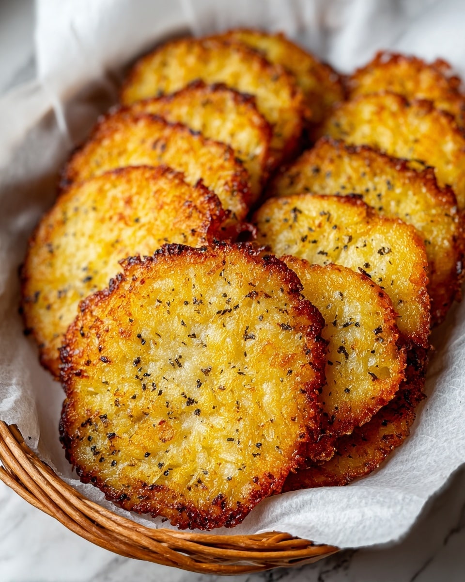 A basket lined with white parchment paper holds about seven to eight golden brown crispy potato pancakes, arranged overlapping each other in two layers. The potato pancakes are round with irregular edges, showing a textured surface dotted with specks of black pepper. The edges are darker and crispier, with a glistening, slightly oily look, while the centers are lighter yellow with a crunchy fried texture. The basket sits on a white marbled surface. photo taken with an iphone --ar 4:5 --v 7