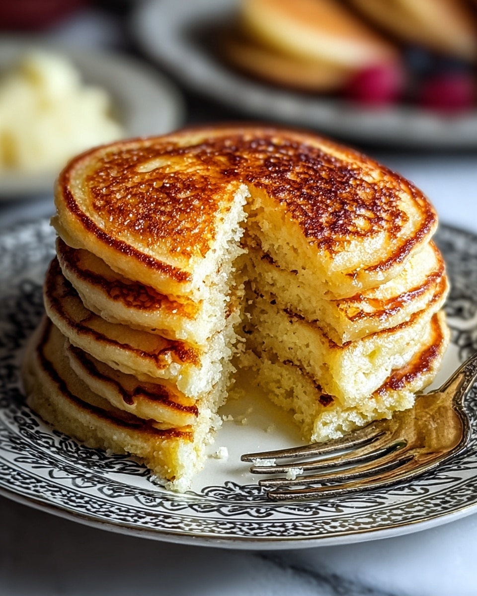 A stack of five golden brown pancakes with a slightly crispy texture on top and soft fluffy inside is placed on a white plate with black intricate patterns. The top pancake has a quarter piece missing, revealing the soft and moist inside. The pancakes have a light yellow color inside, showing their thickness and fluffiness. The plate rests on a white marbled surface, and there is a silver fork beside the stack. In the background, out of focus, are blurred dishes with more food items. Photo taken with an iphone --ar 4:5 --v 7