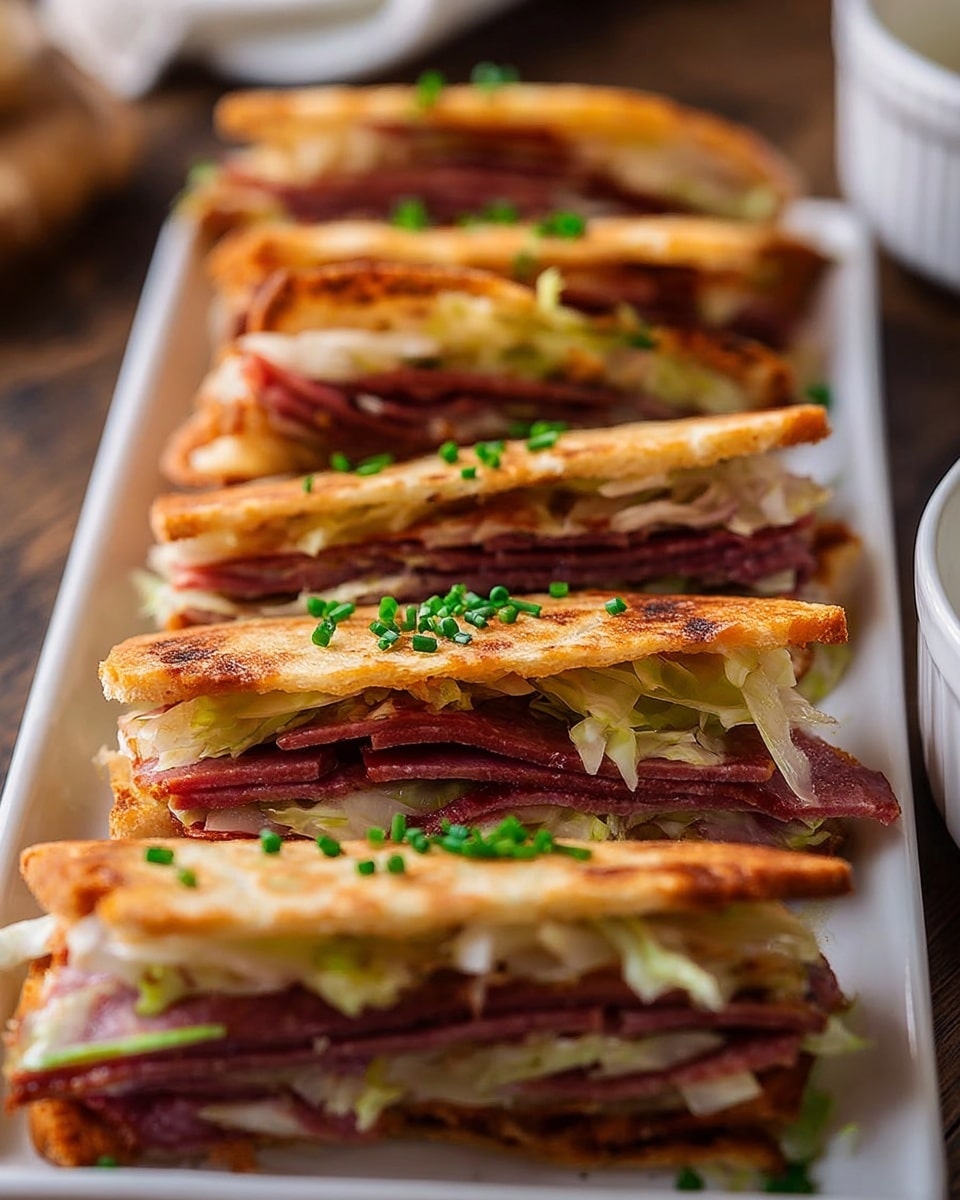 The image shows a white rectangular plate filled with six layered sandwiches lined up closely. Each sandwich has three layers: the outer layers are golden brown toasted flatbreads with a slightly crispy, toasted texture and some char marks, while the middle layer consists of thin slices of dark red meat with a slight shine, likely cured or smoked, and pieces of light green cooked cabbage or lettuce with a soft, wilted texture. Small green chive pieces are sprinkled on top and between the layers, adding a fresh touch. The plate sits on a dark wooden surface with a blurred background of a white bowl partially visible on the right. Photo taken with an iphone --ar 4:5 --v 7