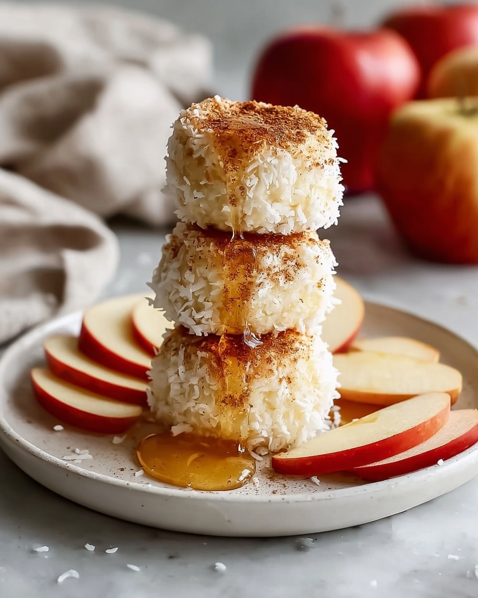 A white plate holds three small round cheese balls stacked vertically in the center, each covered in white coconut flakes and lightly dusted with brown cinnamon powder, topped with golden honey dripping down the sides. Around the base of the stack are three thin apple slices with red skin and pale flesh, resting on the plate. The plate sits on a white marbled surface, with blurred red apples and a light cloth in the background, creating a warm and cozy feeling. Photo taken with an iphone --ar 4:5 --v 7