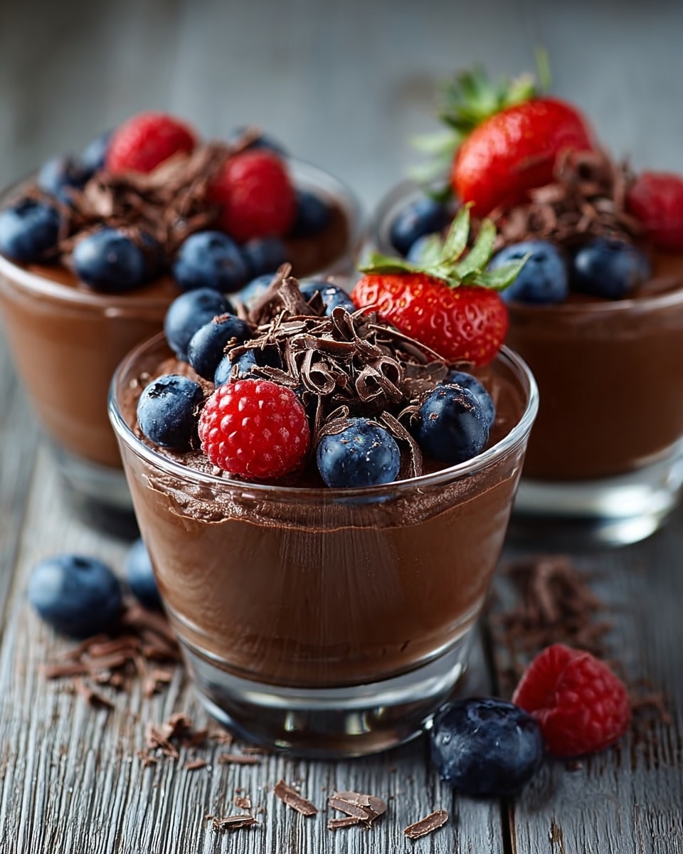 Three small clear glass cups each hold a smooth, thick layer of dark brown chocolate mousse filling most of the cup. On top of the mousse is a layer of fresh berries, including bright red raspberries, dark blue blueberries, and a few strawberries. There are thin, curly shavings of dark chocolate sprinkled over the berries and around the base of the cups. The cups sit on a grayish wooden surface with a slightly rough texture. In the front glass cup, the berries and chocolate shavings are in focus, showing a rich and fresh look, while the other two cups are slightly blurred in the background. photo taken with an iphone --ar 4:5 --v 7
