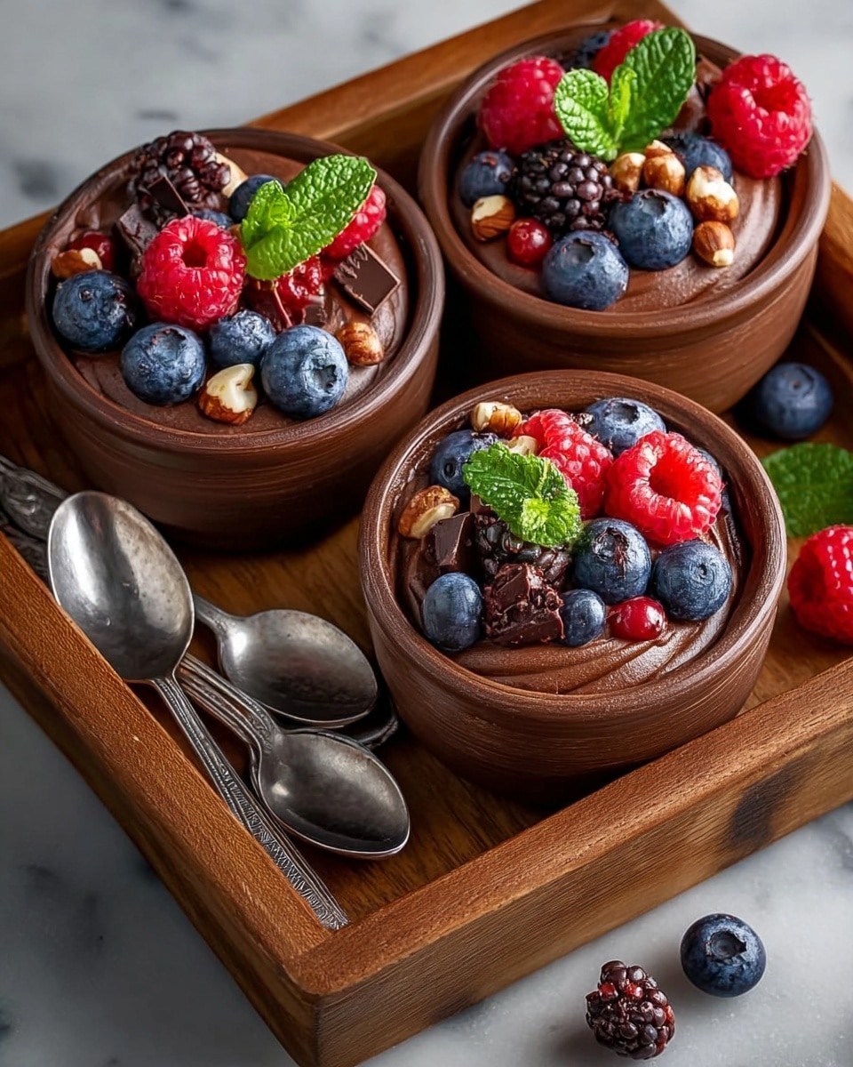 Three small round pots filled with smooth, dark brown chocolate mousse, each topped with a colorful mix of fresh berries including bright red raspberries, deep blue blueberries, and dark blackberries. Pieces of dark chocolate and light brown nuts are also scattered on top, along with a small fresh green mint leaf on each pot. The pots sit inside a wooden tray on a white marbled surface. Three shiny silver spoons lie beside the pots in the tray, and a few extra berries are outside the pots on the tray. The mousse's surface has a slight swirl texture. Photo taken with an iphone --ar 4:5 --v 7