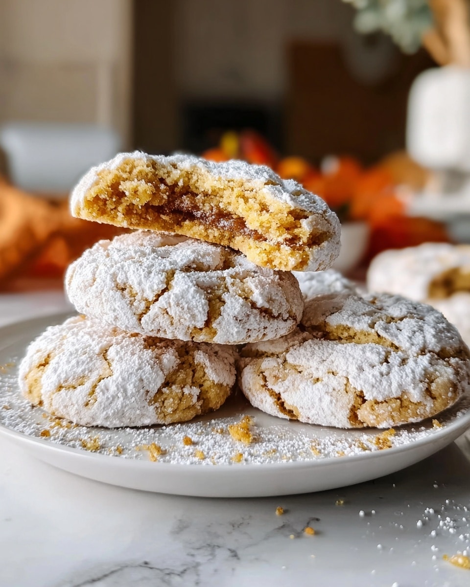 Four soft, round cookies rest on a white plate, each covered with a thick layer of white powdered sugar that dusts the plate around them. The cookies have a light golden color beneath the sugar, with slight cracks and a fluffy texture visible. The plate is set on a white marbled surface, and in the blurry background, there is a red plate with more cookies. The lighting is natural, coming from a window on the right side, giving the scene a warm and cozy feel. photo taken with an iphone --ar 4:5 --v 7