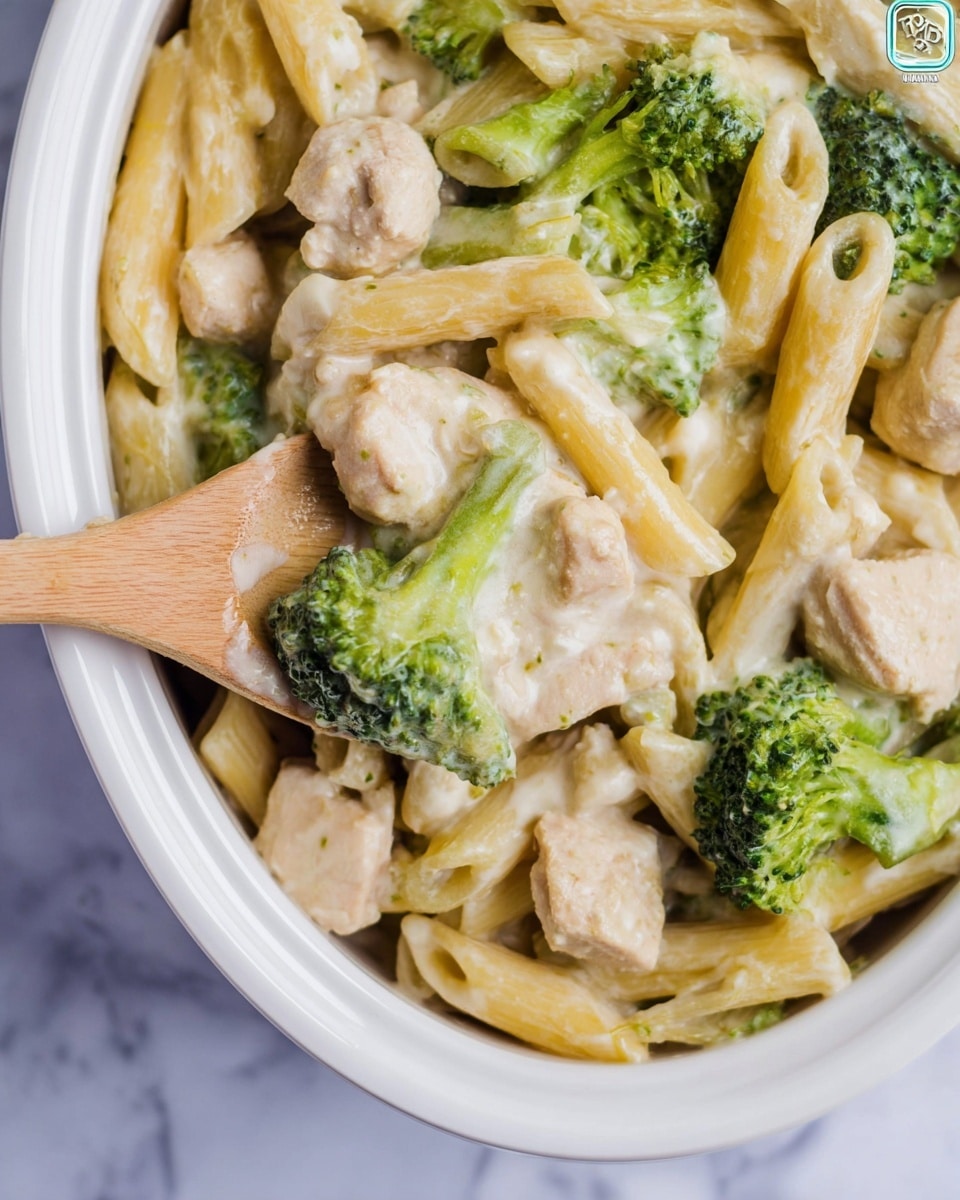 This image shows a close-up of a creamy pasta dish in a white bowl. The dish has three main layers: penne pasta in a light yellow color, small pieces of cooked chicken in a pale beige shade, and bright green broccoli florets. All ingredients are mixed together and coated in a thick, creamy white sauce. A wooden spoon is partially submerged in the dish, with some sauce and broccoli on it. The background surface is a white marbled texture. photo taken with an iphone --ar 4:5 --v 7