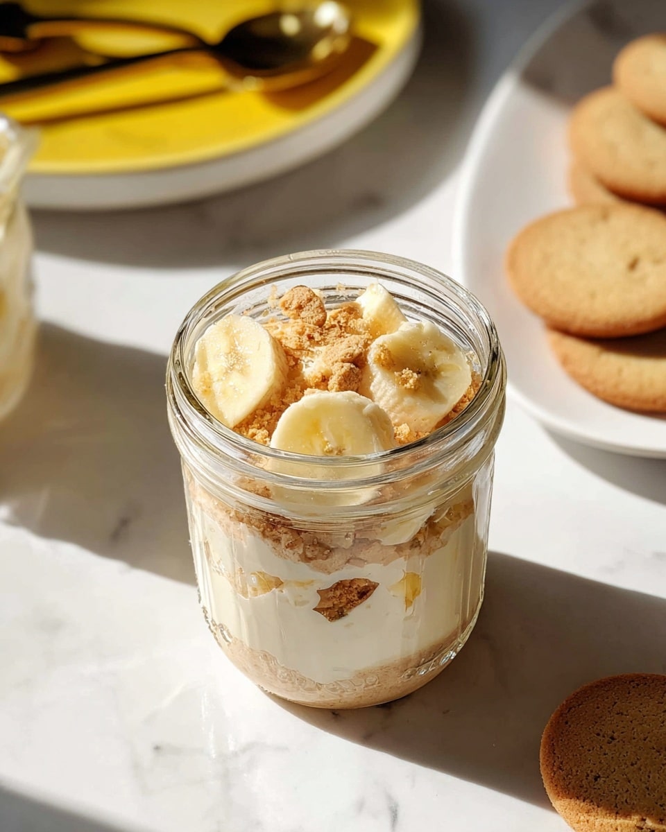 The image shows a small glass jar with a clear texture and wide mouth, filled with a layered dessert. From the bottom, there is a creamy white base layer, topped with broken small light brown cookie pieces. Above that, slices of pale yellow banana are arranged neatly to fill the top. The jar is placed on a white marbled surface, with sunlight casting soft shadows. In the background, there are round cookies on a white plate and a yellow dish with spoons. Photo taken with an iphone --ar 4:5 --v 7