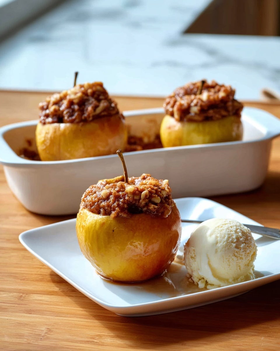 The image shows four baked apples with their tops cut off and placed back on or next to them. Each apple is yellowish-red and filled with a crumbly brown mixture that looks like a nut and spice filling. The closest apple on a square white plate has a smooth, creamy white scoop of ice cream sitting on top of the filling, with the apple top placed beside it. Behind the plate, a white rectangular baking dish holds three more stuffed apples with their tops resting on them. The setting is on a wooden table with a soft natural light source from the left side, and the background is a white marbled texture. Photo taken with an iphone --ar 4:5 --v 7