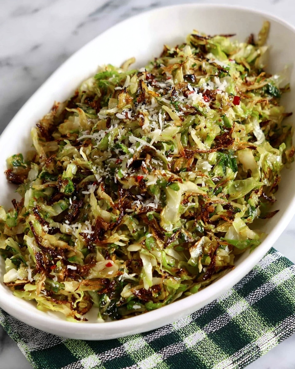 A close-up view of cooked shredded Brussels sprouts in a white bowl, showing golden-brown caramelized edges and dark green bits from wilted leaves, layered with finely grated white cheese scattered throughout, sitting on a white marbled texture. A metal spoon holds a large scoop of the Brussels sprouts mix above the bowl, highlighting the mix’s textures of soft, slightly crispy, and moist bits with small dark brown crispy spots. photo taken with an iphone --ar 4:5 --v 7