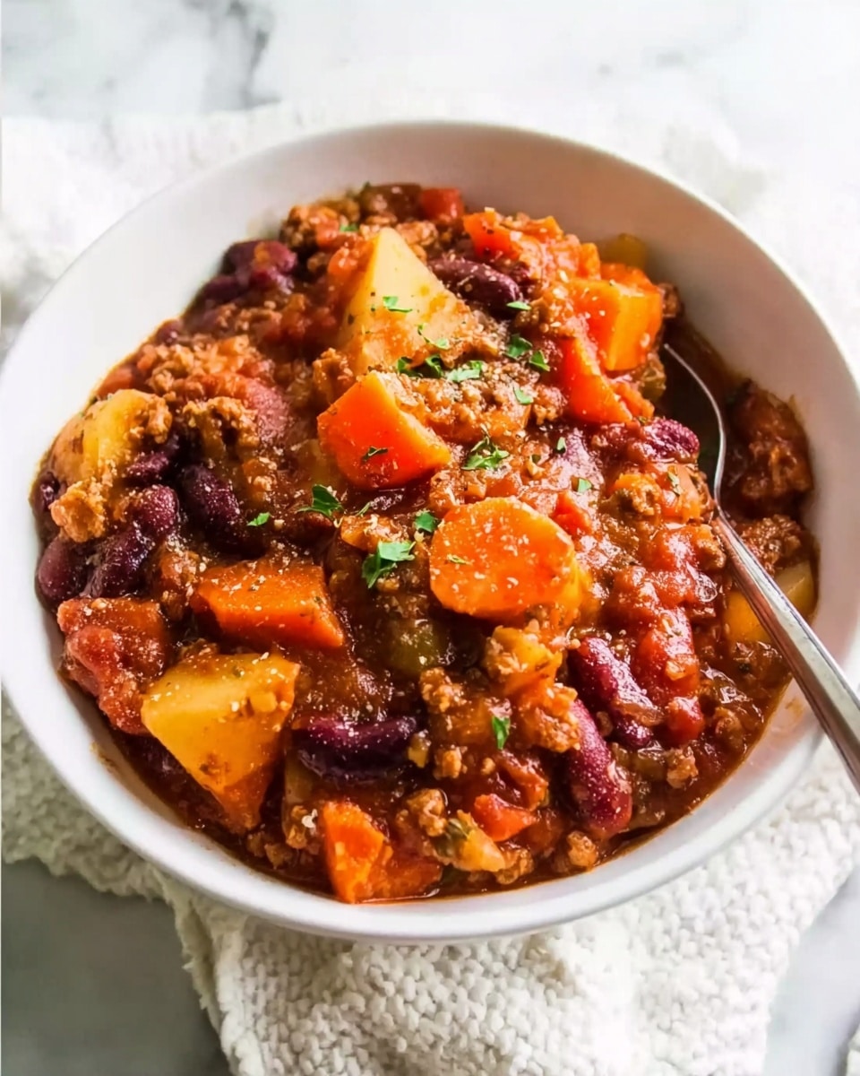 The image shows a white bowl filled with a thick, chunky stew. The stew layers consist of orange carrot slices, dark red kidney beans, and pieces of light brown potato mixed with ground meat all coated in a rich, reddish-brown sauce. The stew is sprinkled with small green herb flakes on top. The bowl sits on a white marbled surface with a textured, white cloth beside it. A spoon is partially visible inside the bowl. Photo taken with an iphone --ar 4:5 --v 7