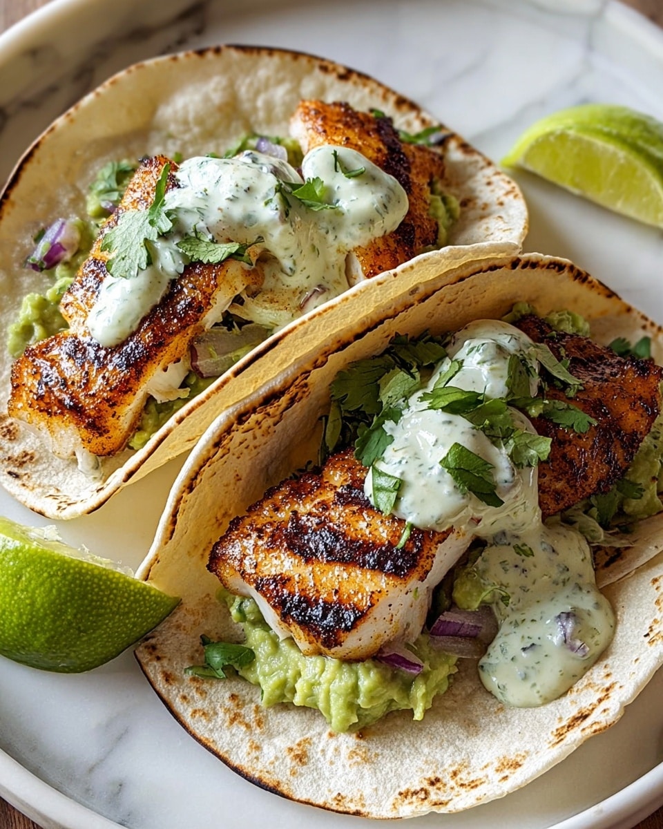 Two tacos are placed on a white plate over a white marbled texture. Each taco has one soft, light beige corn tortilla as the base layer. On top, there are several golden-brown grilled fish pieces with a slightly charred texture. Scattered on the fish are small pieces of chopped red onion and green cilantro leaves. A creamy white sauce with green herb specks is drizzled generously over the fish and vegetables. In the background, there are fresh lime halves with bright green skin and juicy light green centers. photo taken with an iphone --ar 4:5 --v 7