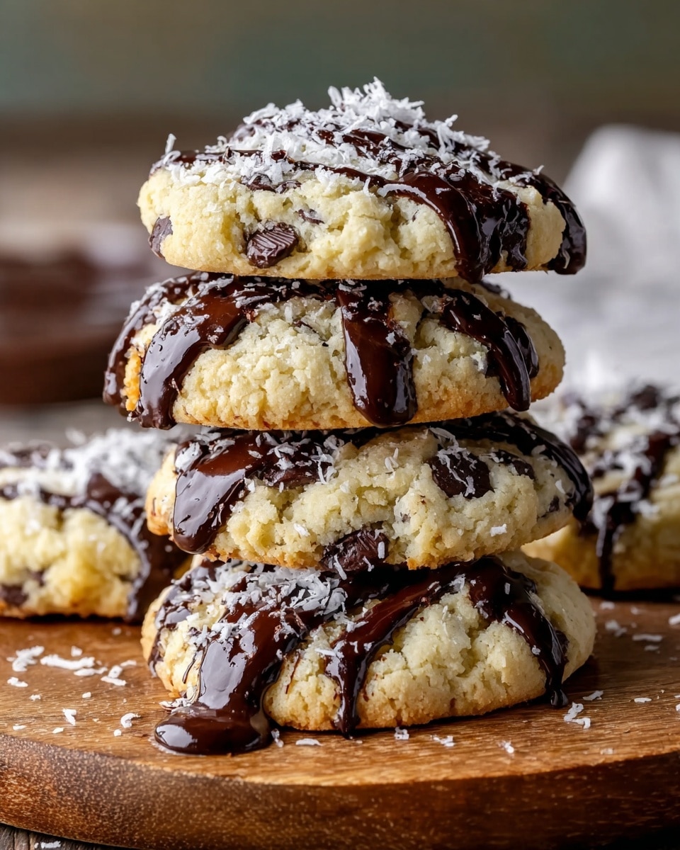 A stack of five thick, soft cookies with a light yellow, crumbly texture sits on a wooden round board, each cookie dotted with dark chocolate chips. Dark, glossy chocolate sauce is drizzled generously over the top and sides of the cookies, creating shiny streaks that catch the light. White flakes, resembling shredded coconut or powdered sugar, are sprinkled on top, adding contrast to the rich chocolate and pale cookie base. The stack is slightly leaning, showing the cookies' uneven, homemade texture and some melted chocolate pooling lightly on the wooden board beneath. The setting is simple with a blurred background and detailed focus on the cookies. Photo taken with an iphone --ar 4:5 --v 7