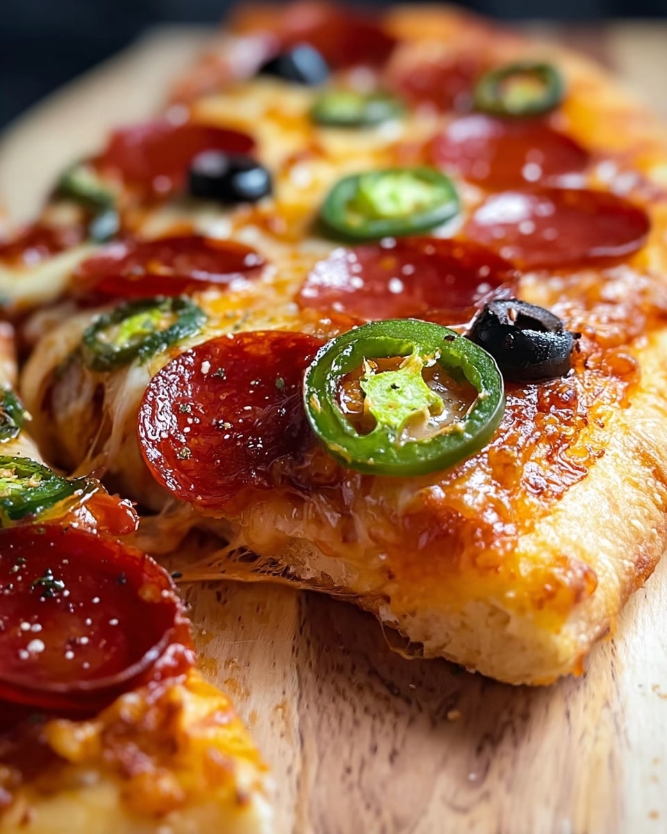 A close-up view of a slice of pepperoni pizza on a wooden board shows layers of crispy golden crust at the base, a melted cheese layer above it that looks stretchy and creamy, topped with bright red pepperoni slices that have a glistening oily texture. On top of these layers are fresh green jalapeño rings with visible seeds, and small black olive pieces scattered around, adding a pop of dark color. The pizza slice appears juicy with a slight shine from melted cheese and oils, while the wooden board underneath contrasts with the vibrant toppings. photo taken with an iphone --ar 4:5 --v 7